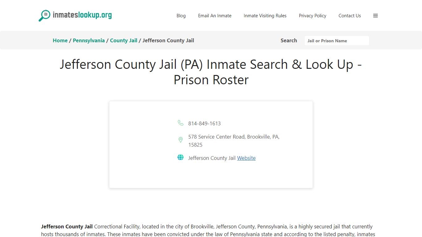Jefferson County Jail (PA) Inmate Search & Look Up - Prison Roster